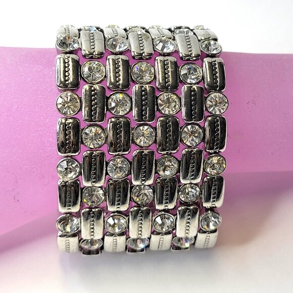 Women's Crystal Silver Tone Wide Stretch Cuff Bracelet - Picture 2 of 10